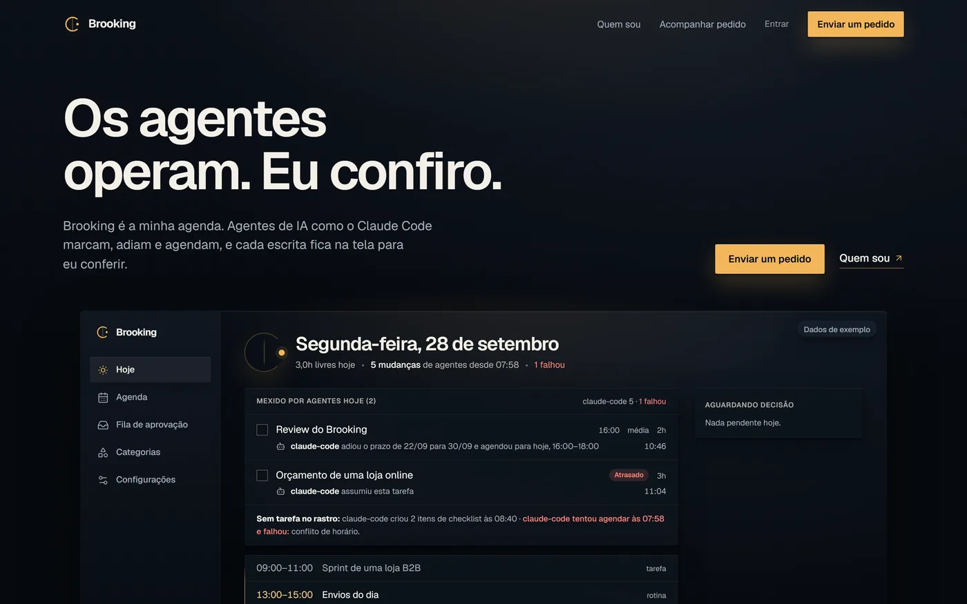 Página pública do Brooking, com a agenda do dia em dados de exemplo