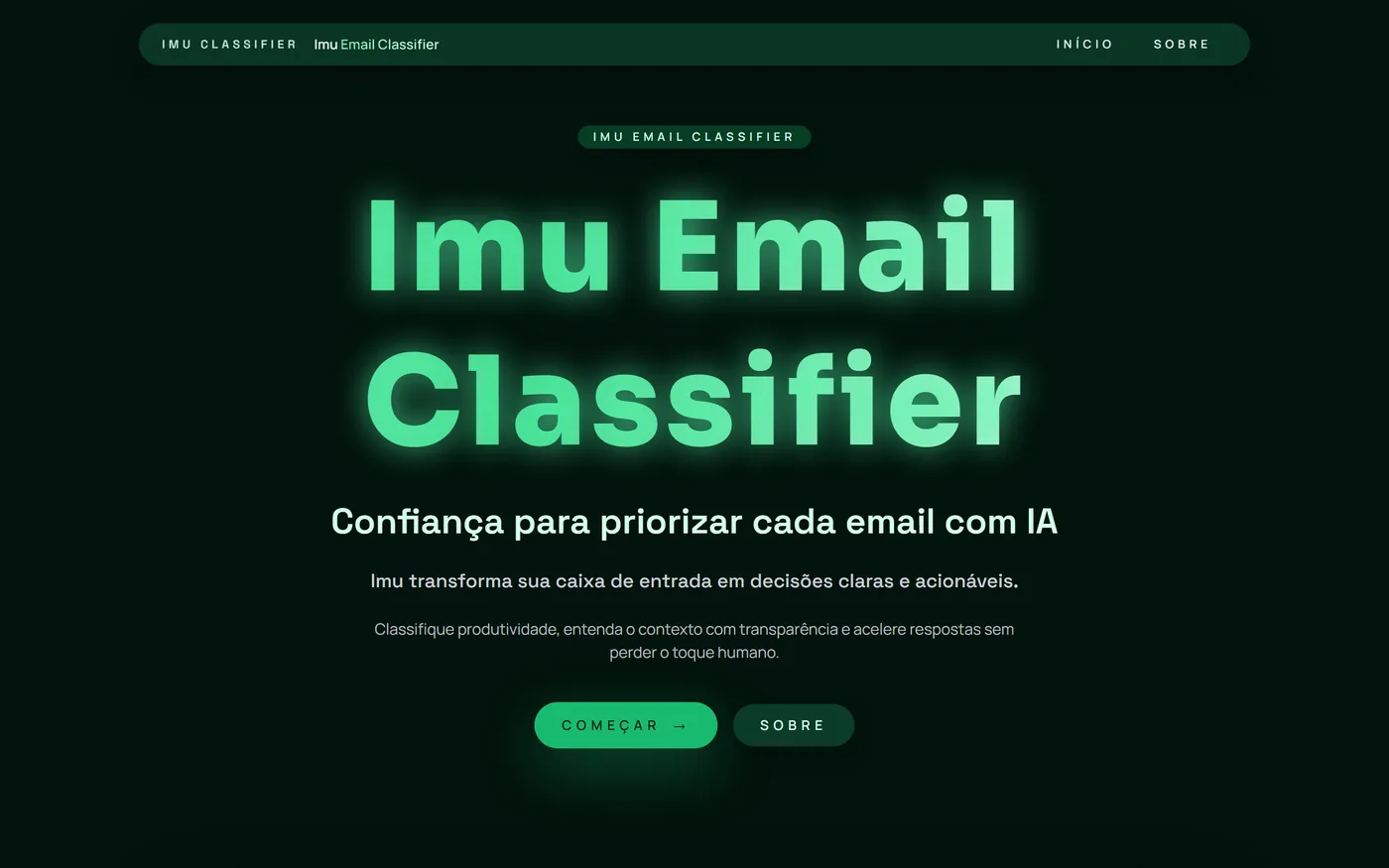 Página pública do Imu Email Classifier