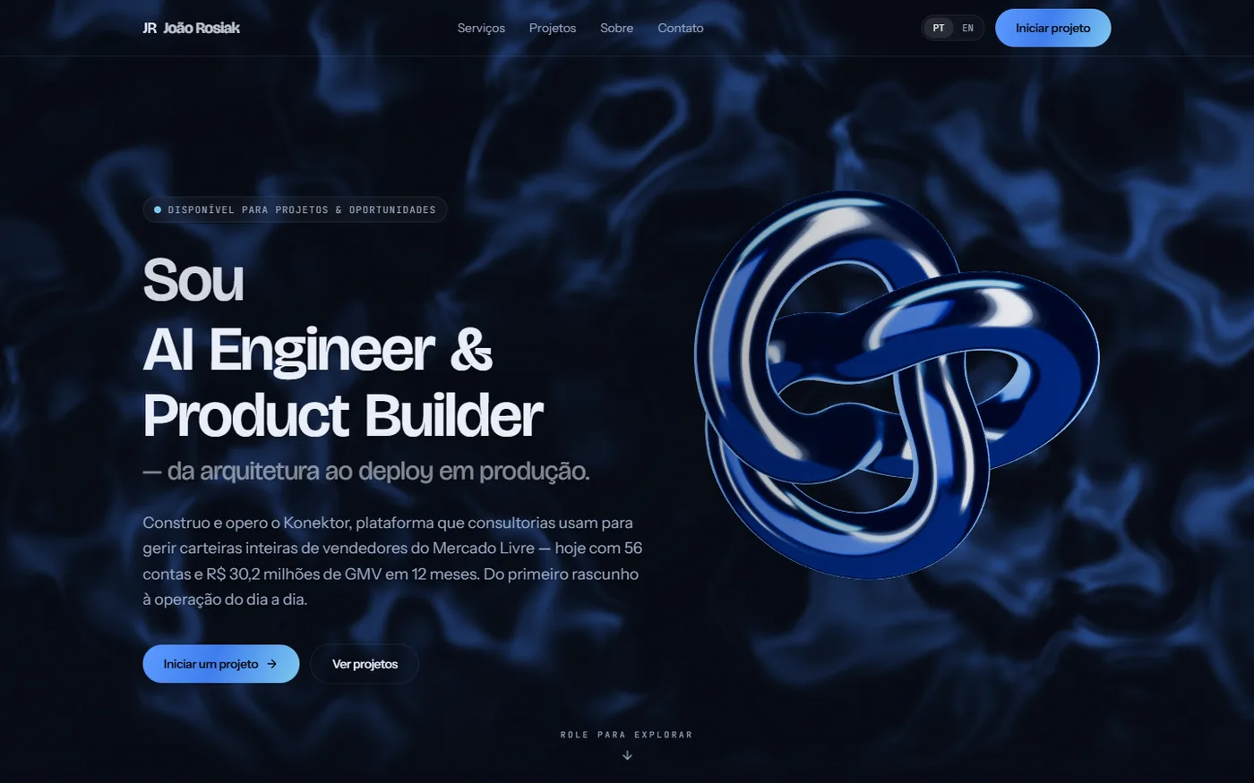 A primeira tela deste site, com a fumaça em shader e o objeto 3D